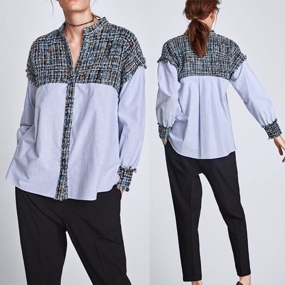 Zara Tops - Zara Tweed Striped Button Down Blouse